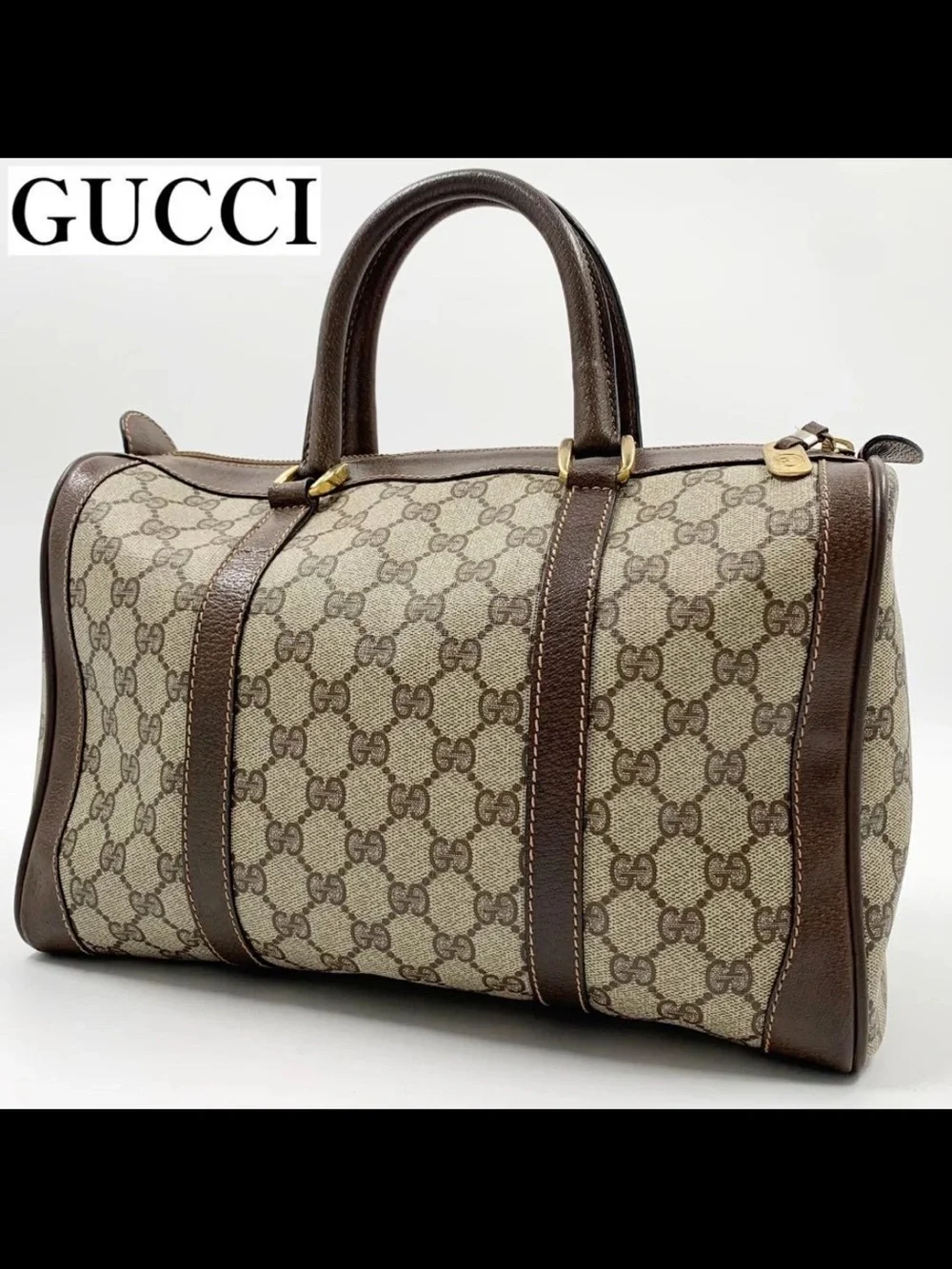 Gucci Brown & Beige GG Supreme Canvas Satchel with Leather Trim